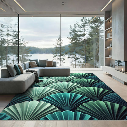 Teal Art Deco Fan Shell Layering Rug