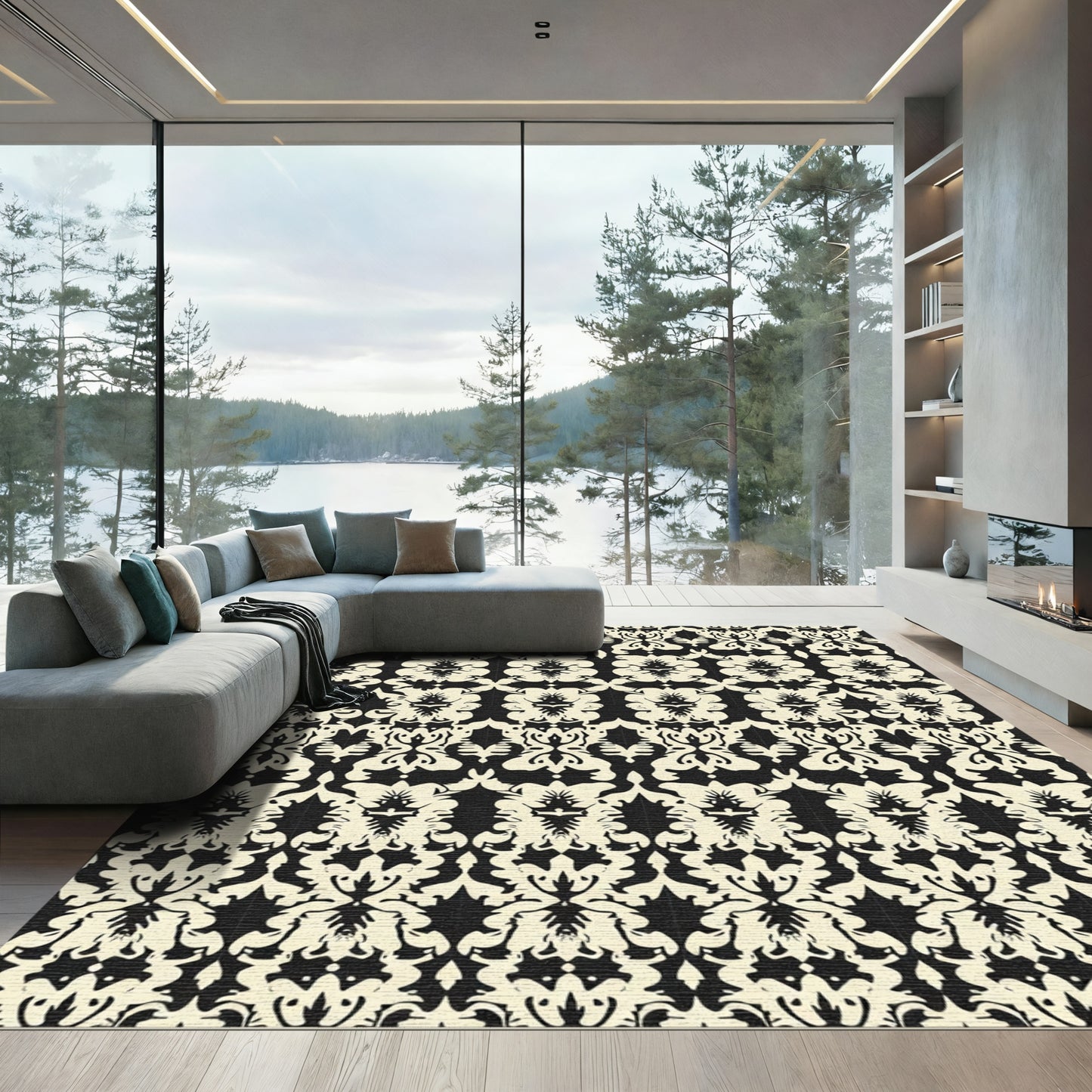 Cream Black Scrolling Damask Rug
