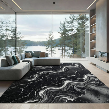 Black White Marbled Swirl Flow Rug