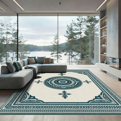 Deep Teal Ivory Medallion Border Rug