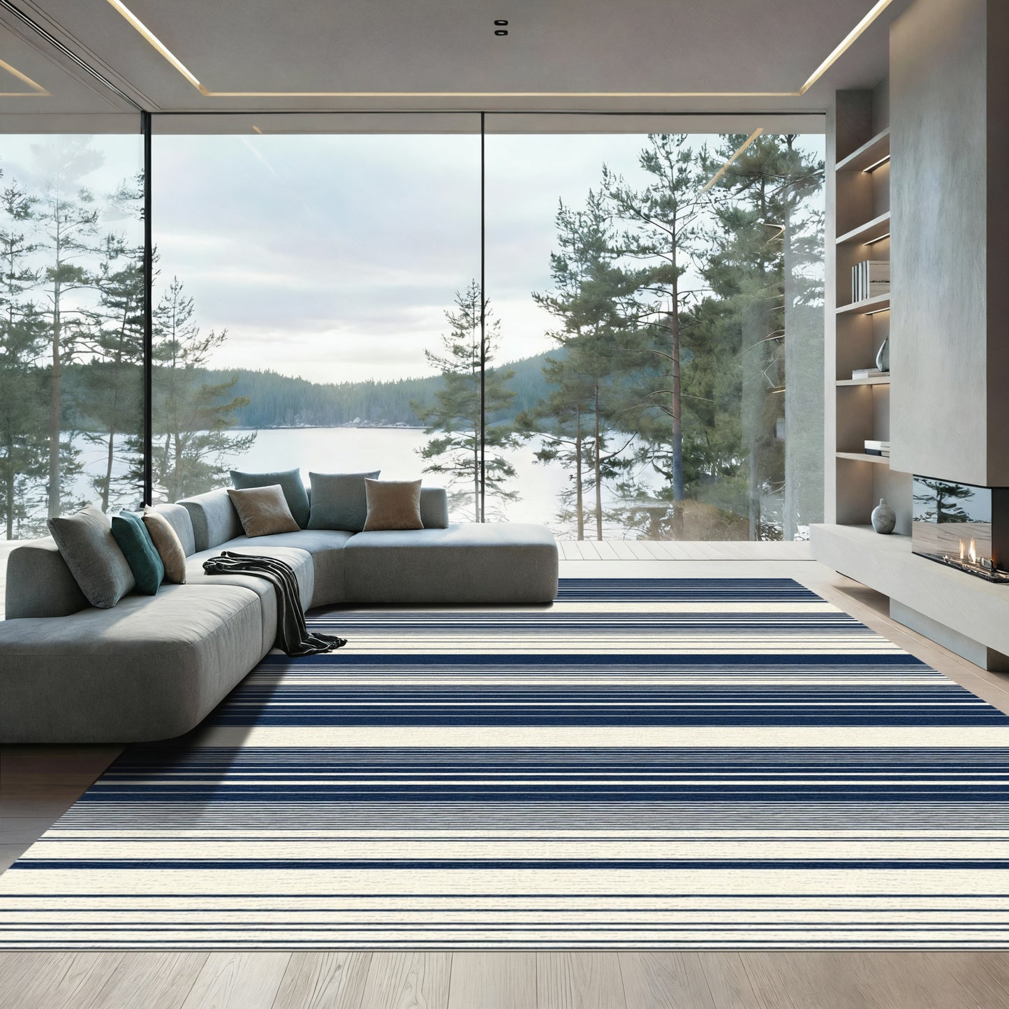 Navy Cream Subtle Stripe Rug