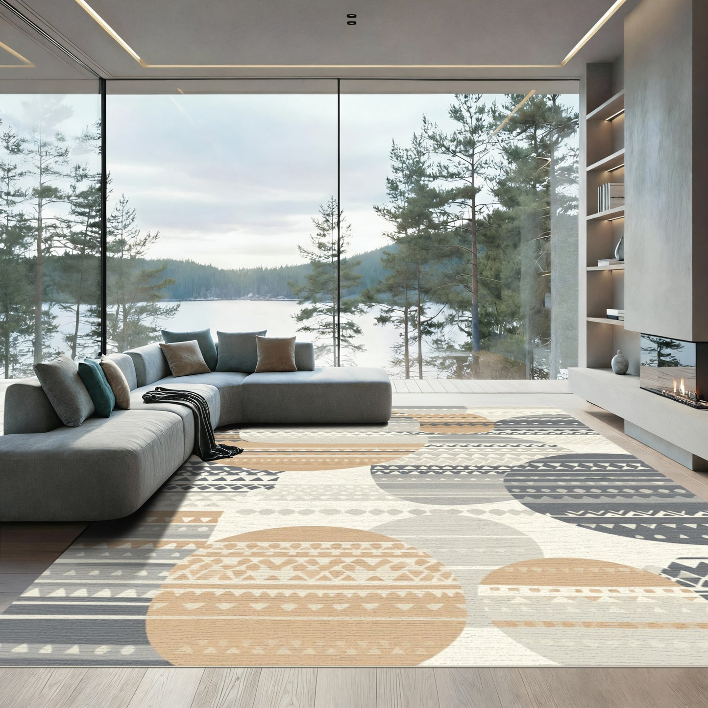 Neutral Boho Circles Geometric Rug