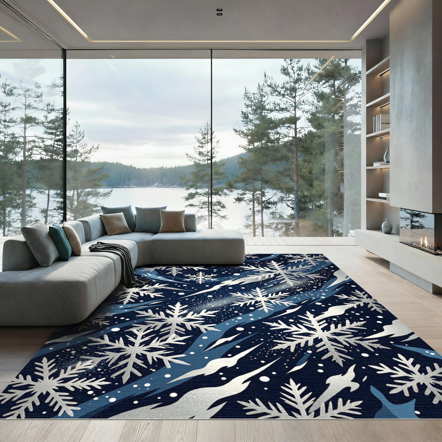 Silver Snowflake Navy Winter Frost Rug