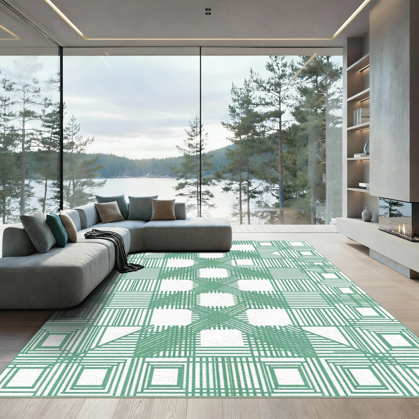 Mint Green Intersecting Square Lines Rug