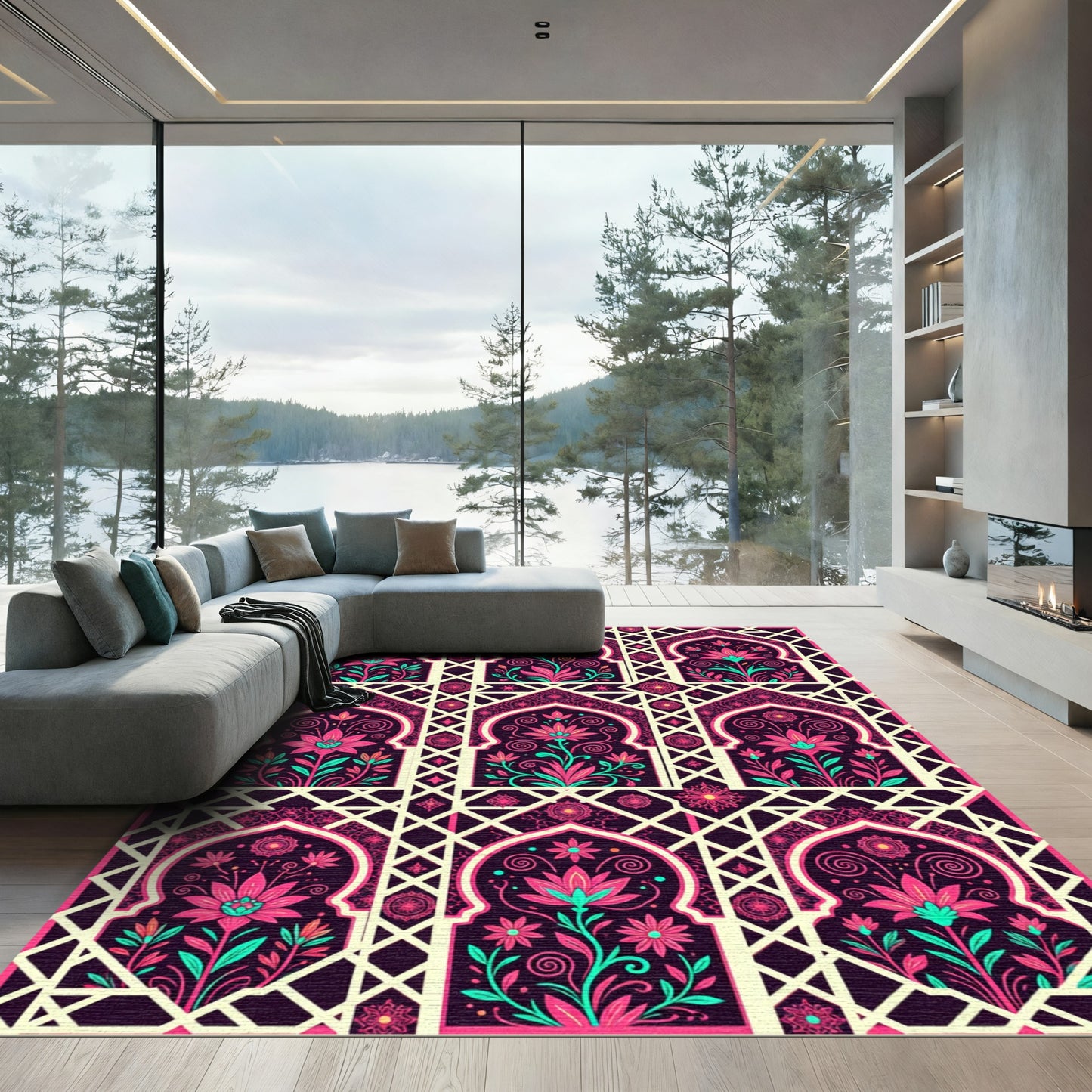 Floral Arch Lattice Pink Teal Rug