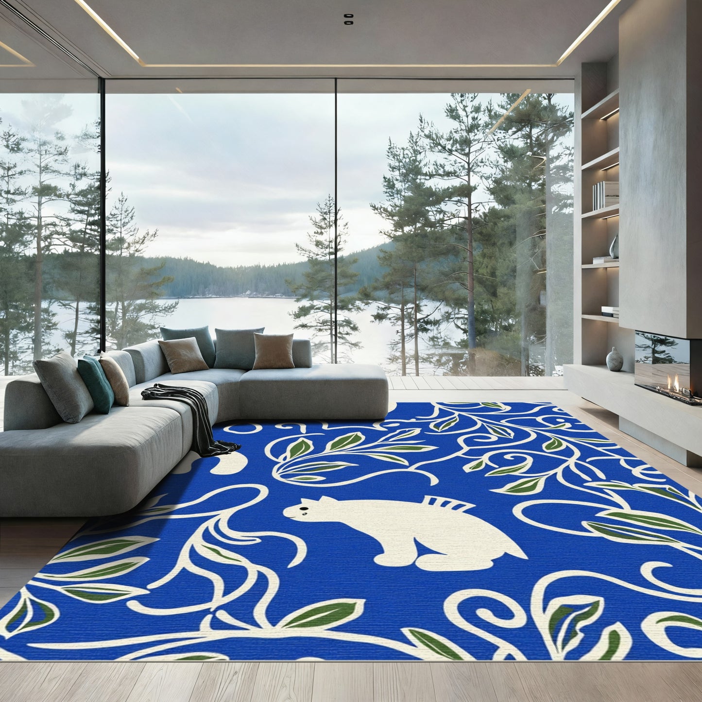 Bold Blue Whimsical Feline Foliage Rug