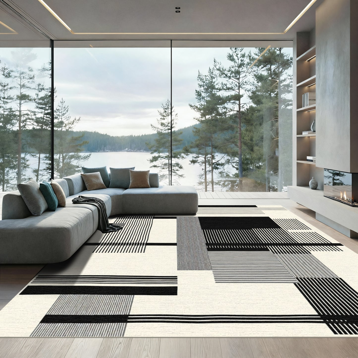 Modern Black White Abstract Geometric Rug