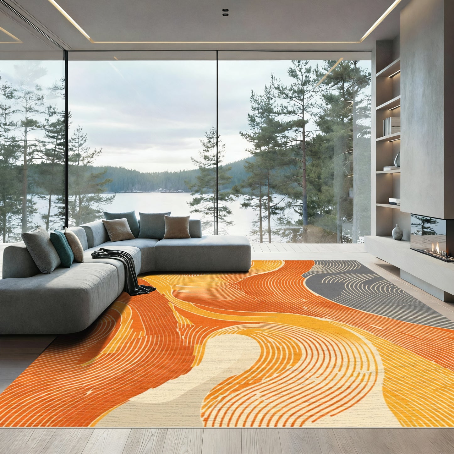 Abstract Orange Swirls Flowing Wave Rug
