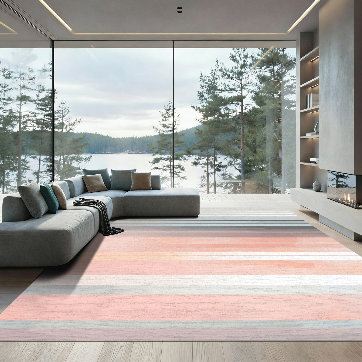 Soft Pink Gray Horizontal Stripe Rug