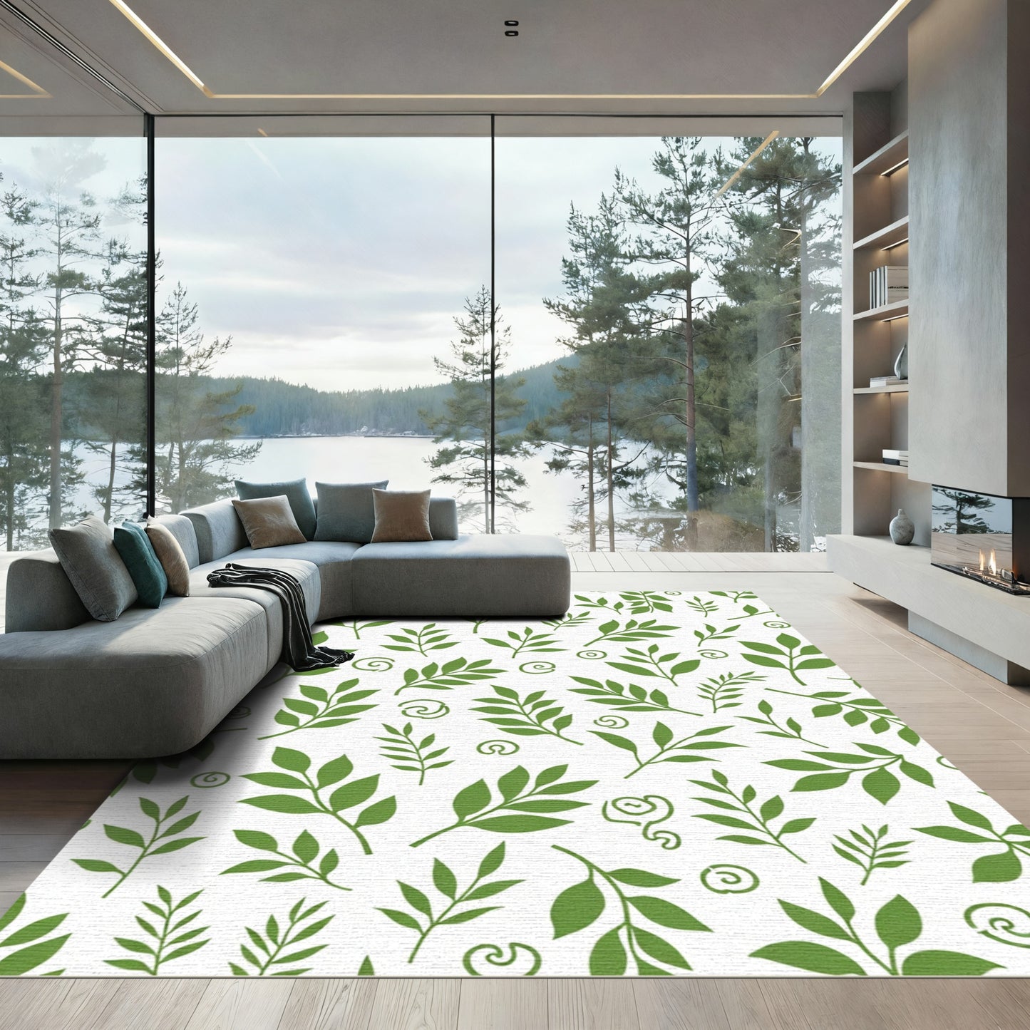 Green Leafy Branch Swirls Rug