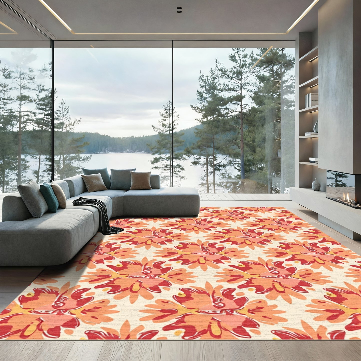 Warm Floral Medallion Coral Orange Rug
