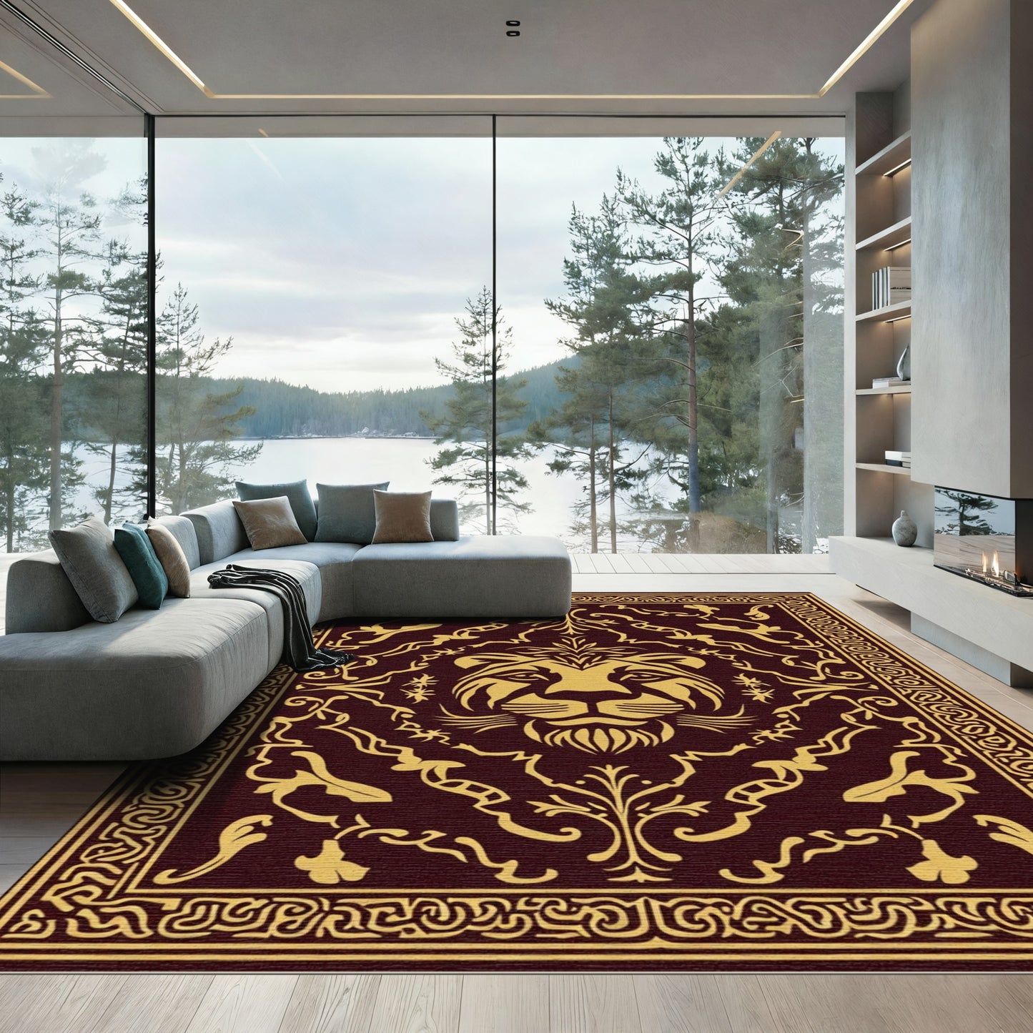 Regal Gold Lion Face Damask Rug