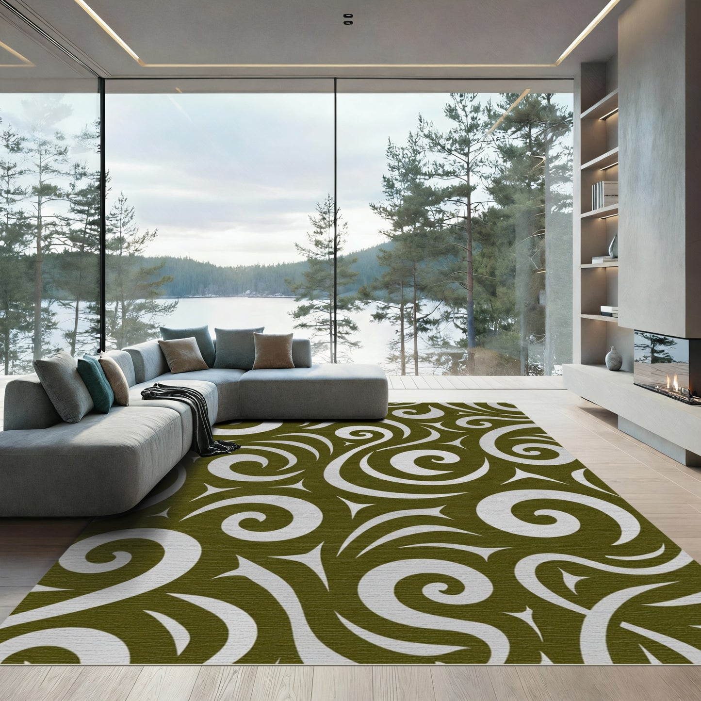 Olive White Swirl Nature Rug