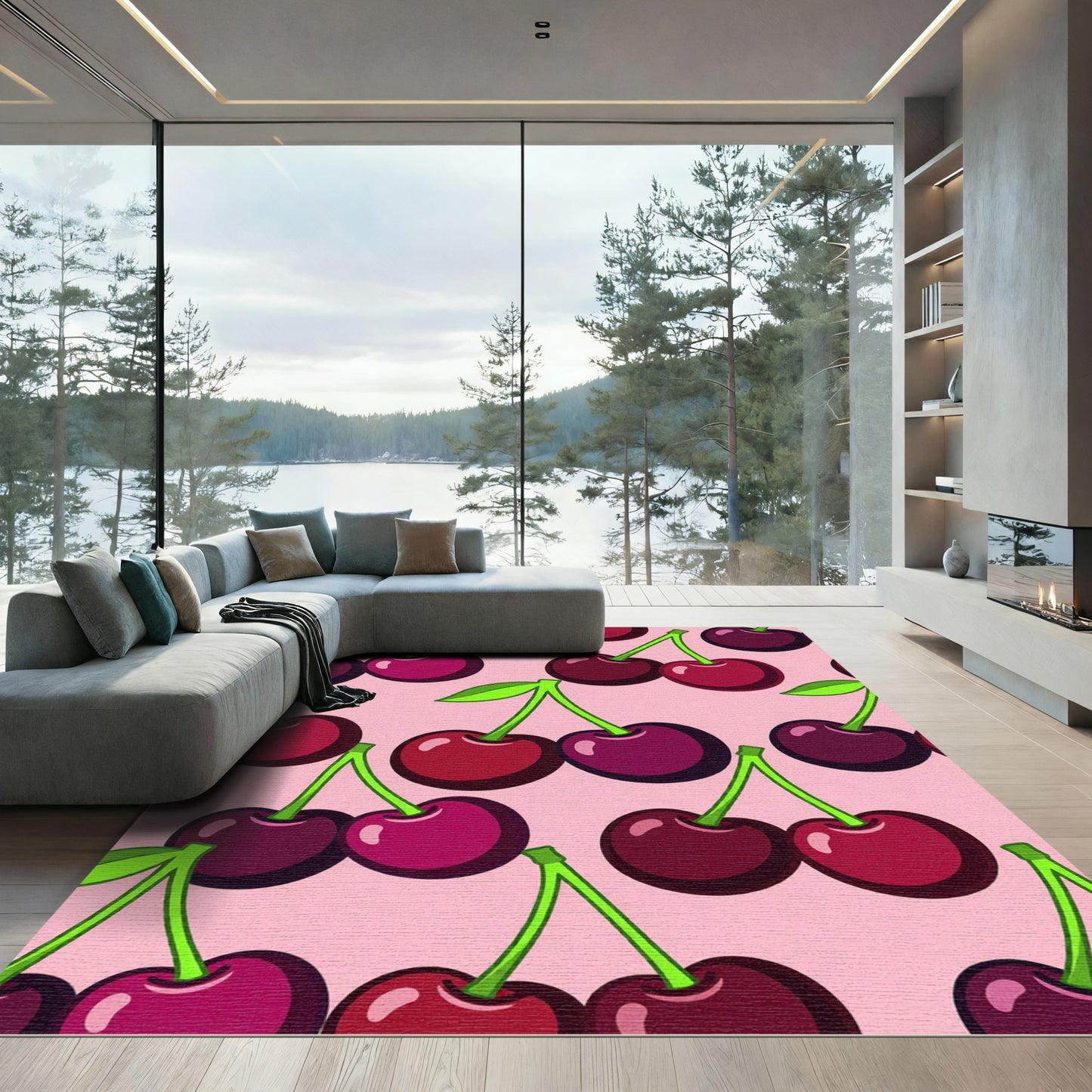 Bright Pink Cherry Pattern Rug