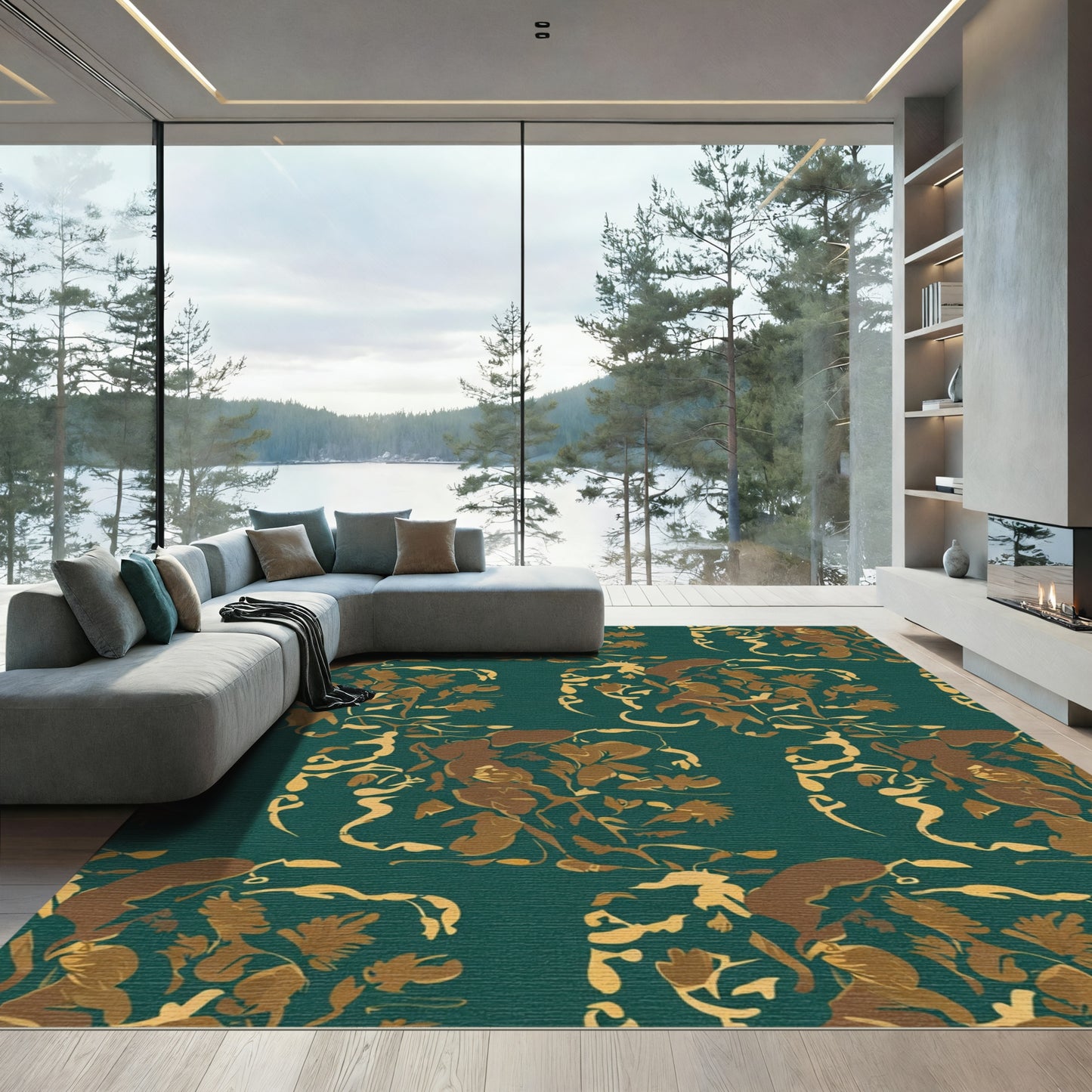 Emerald Teal Abstract Floral Swirl Rug