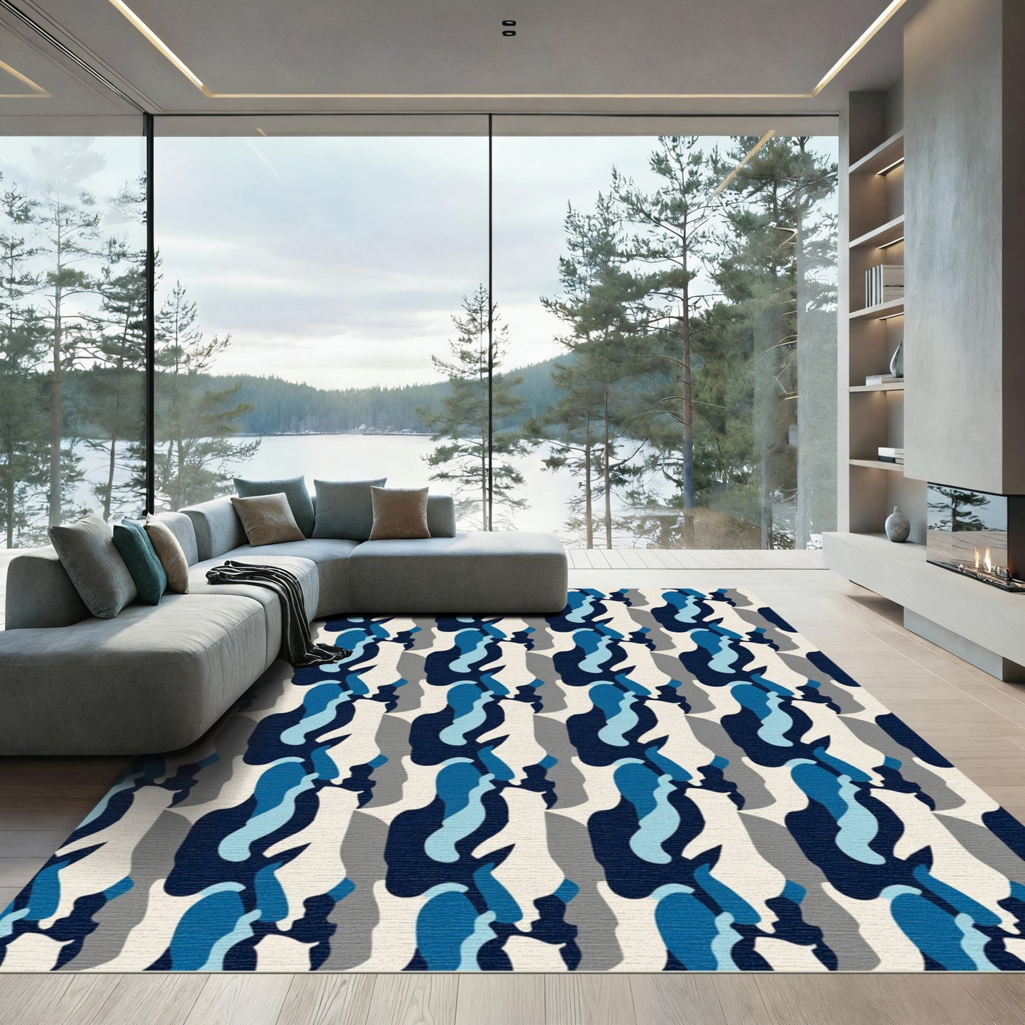 Dynamic Blue Camo Silhouette Rug