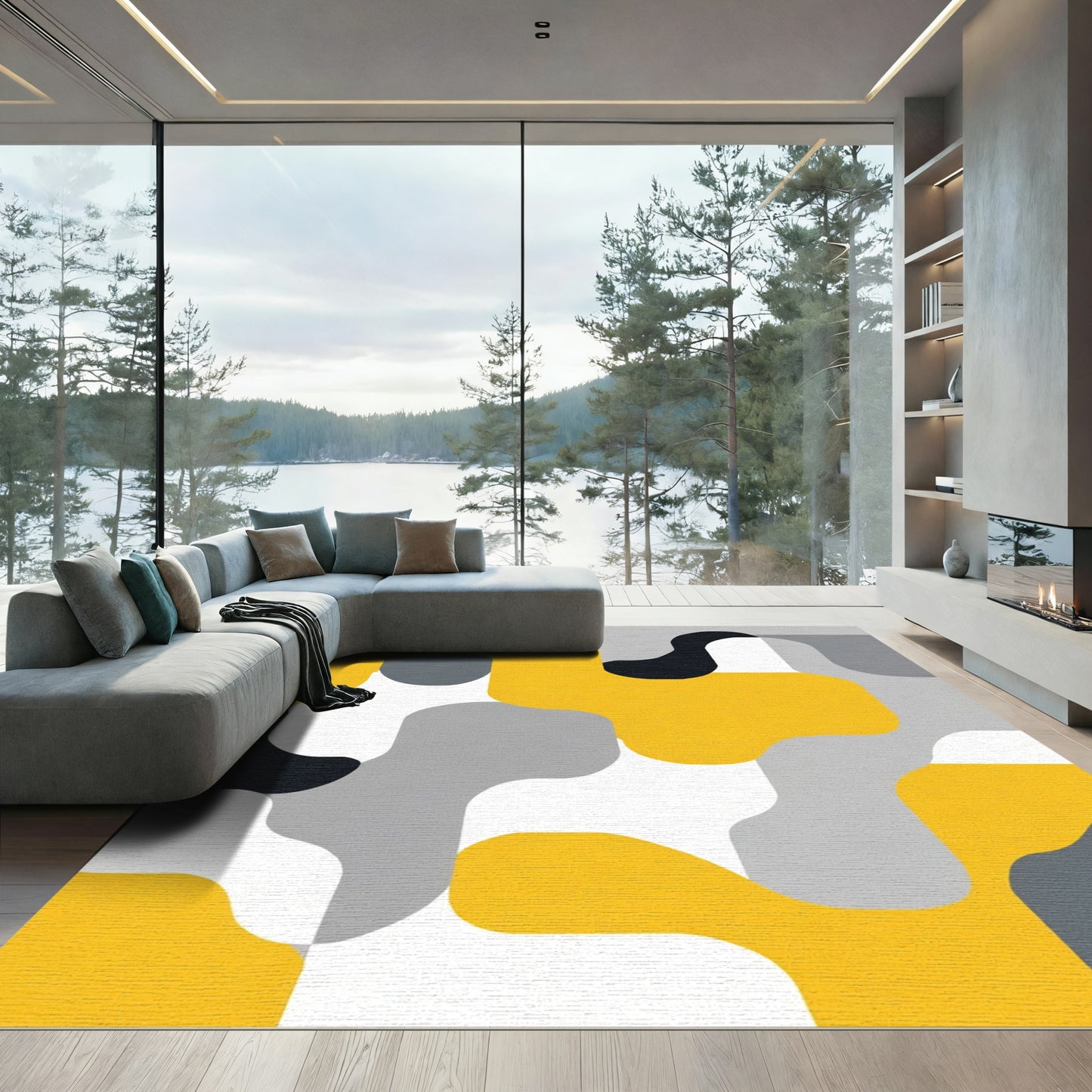 Modern Yellow Gray Abstract Organic Flow Rug