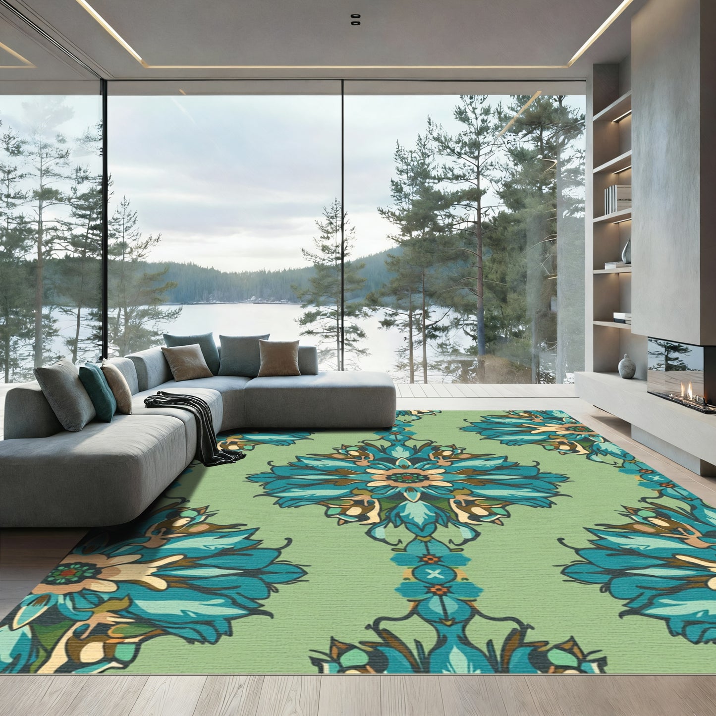 Teal Floral Medallion Light Green Rug