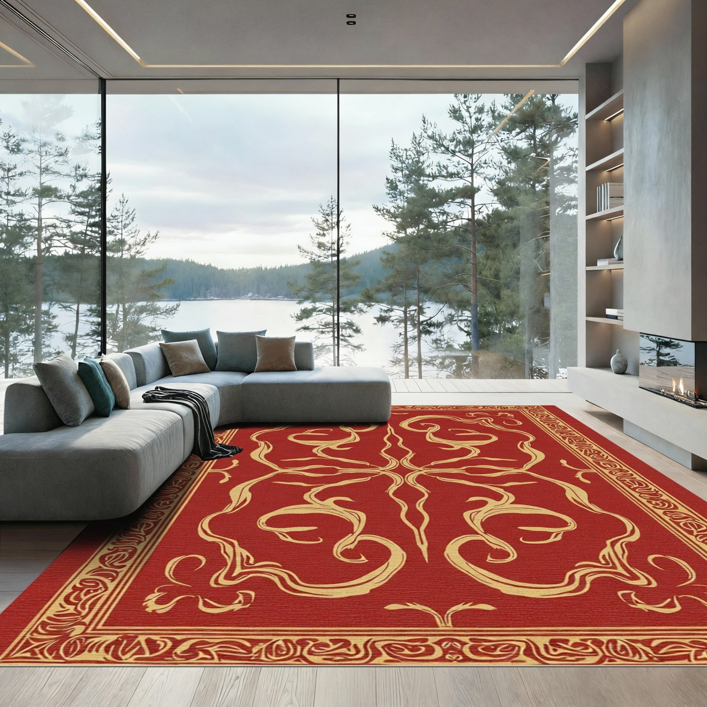 Crimson Gold Scrollwork Border Rug