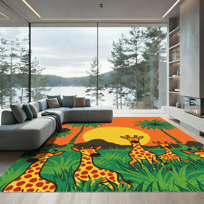 Orange Sunset Giraffes in Lush Jungle Rug