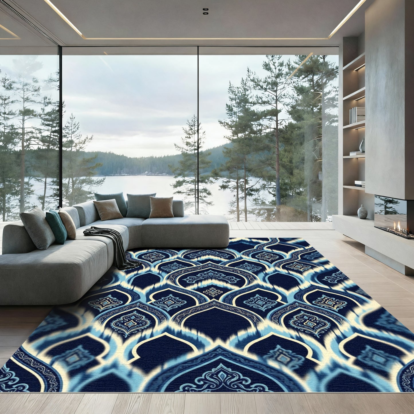 Deep Blue Ornate Arch Medallion Rug