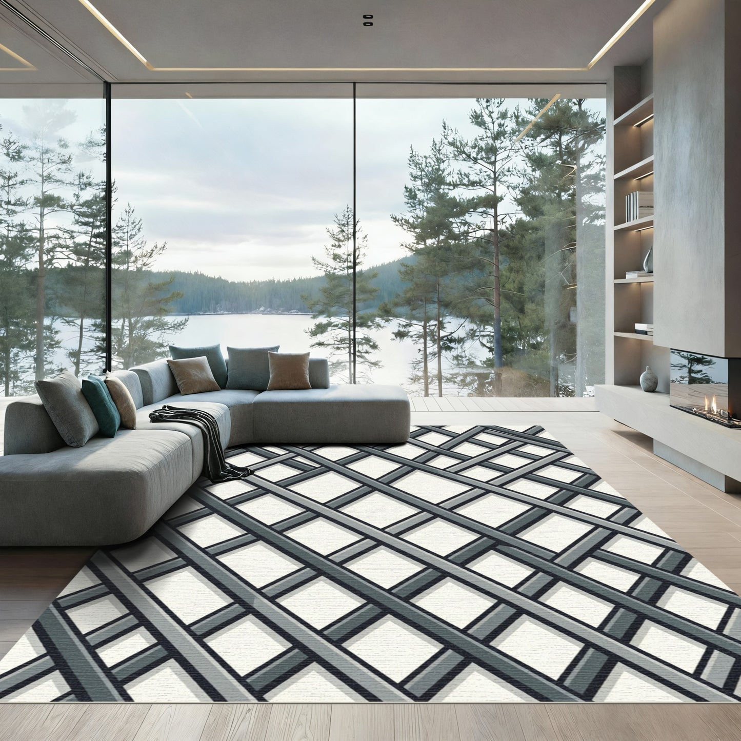 Modern Slate Gray Lattice Grid Rug