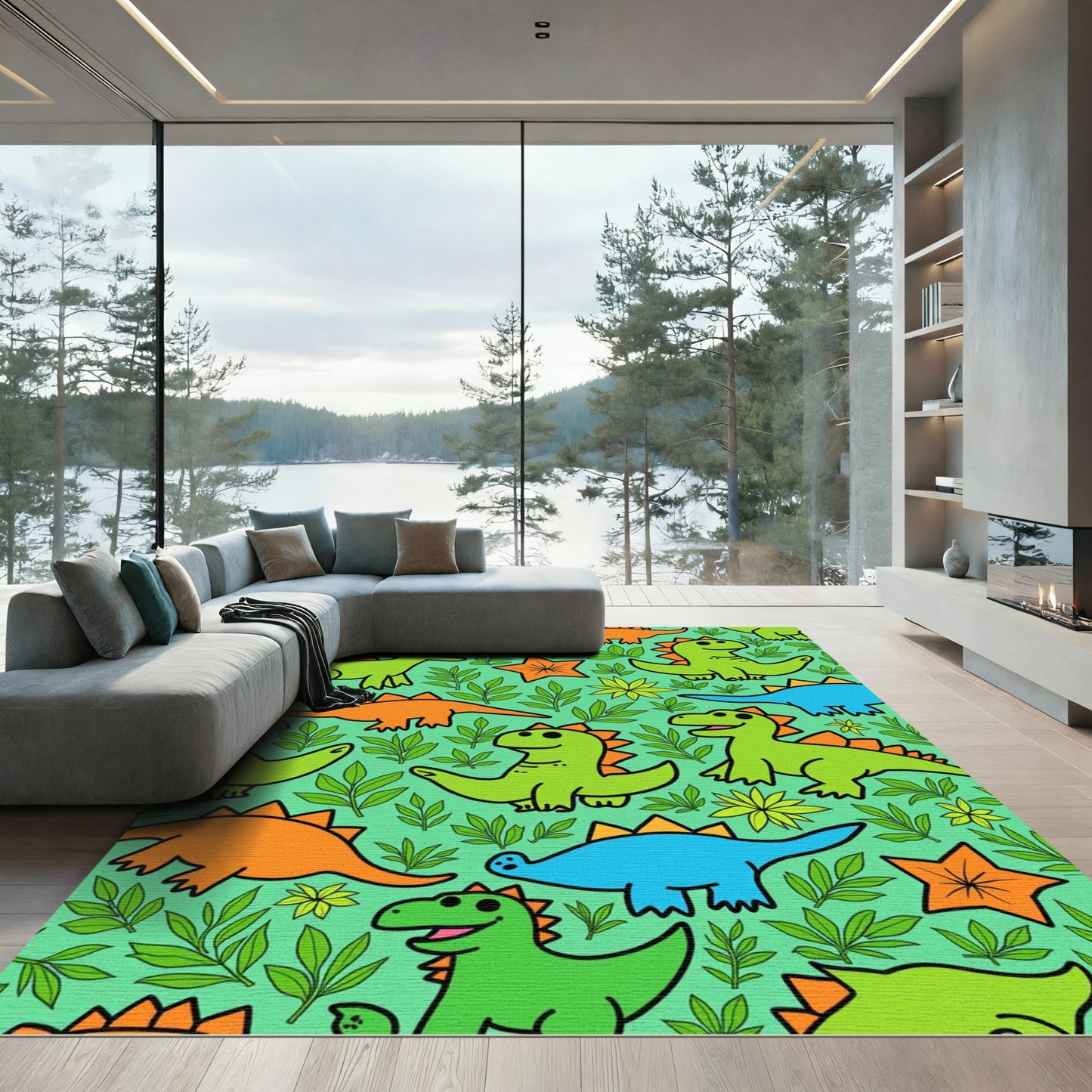 Playful Dinosaur Jungle Leaf Design Rug
