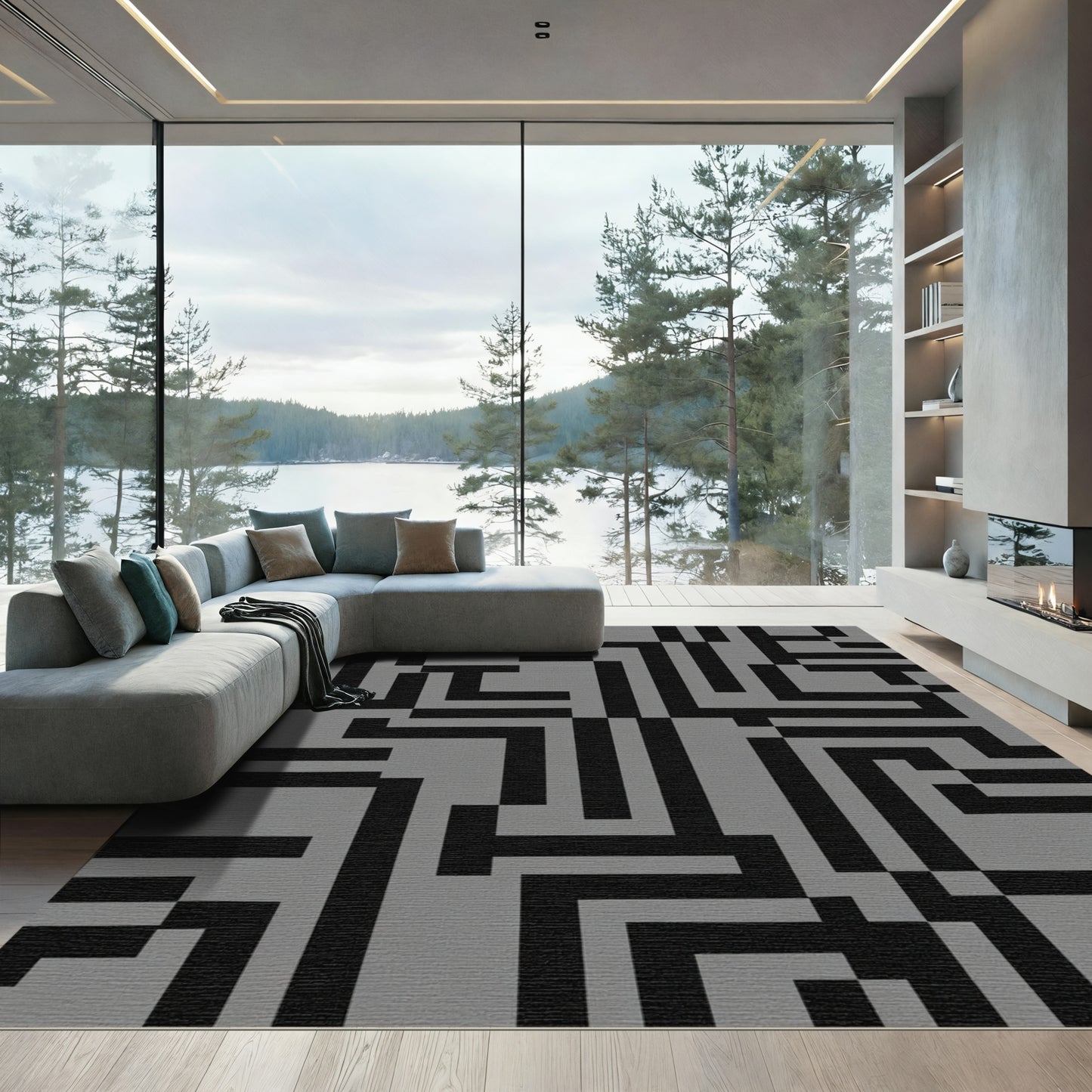 Geometric Black And Gray Maze Rug