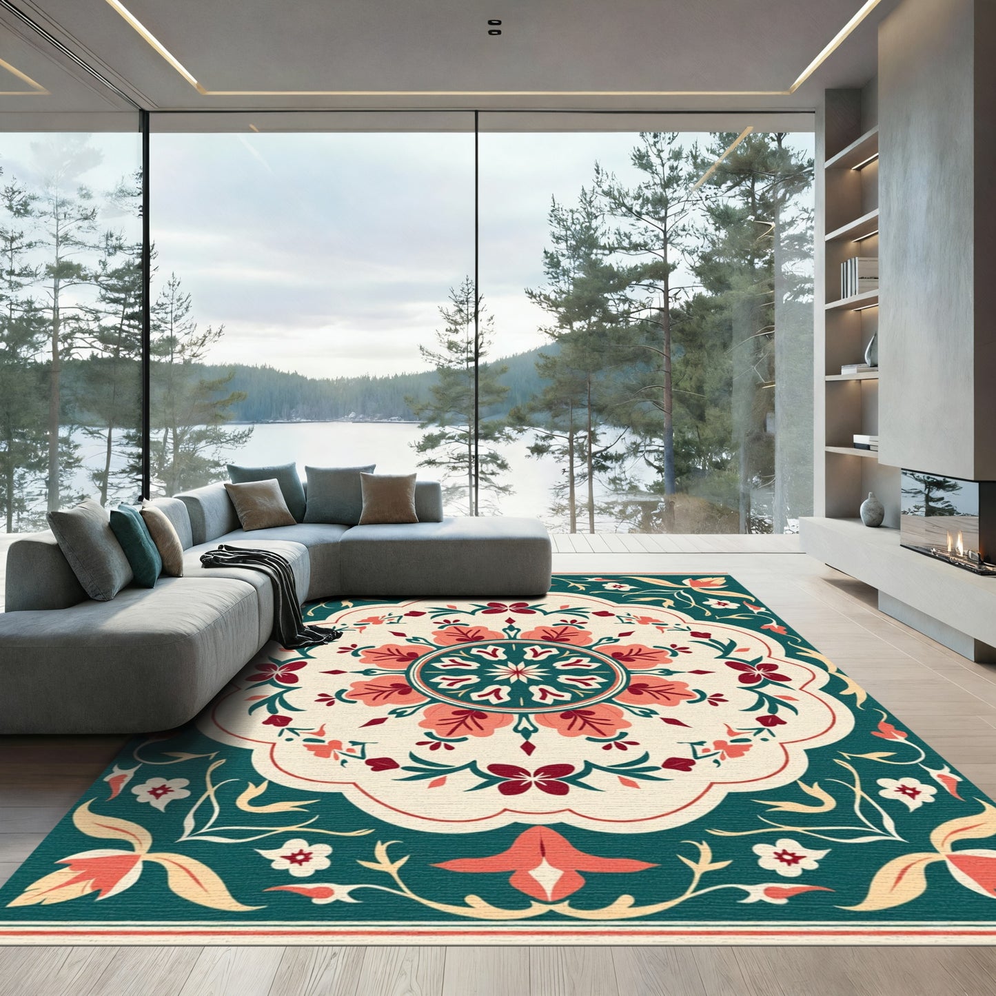 Crimson Coral Floral Arabesque Rug