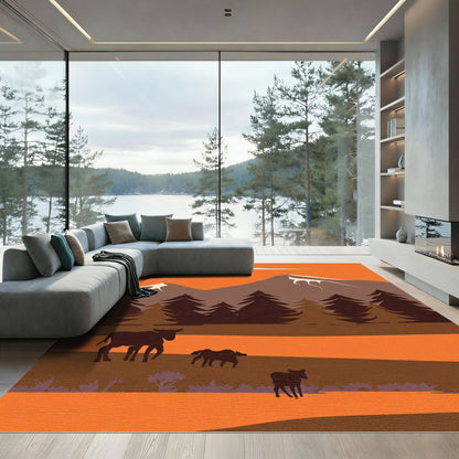 Warm Sunset Mountain Woodland Herd Rug