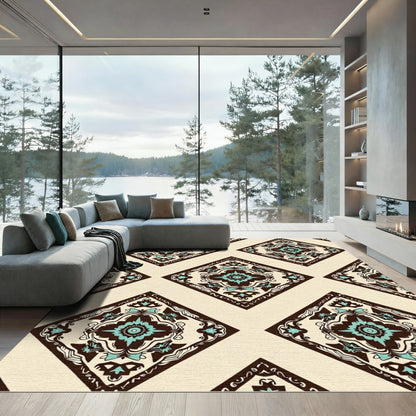 Brown Teal Diamond Floral Medallion Rug