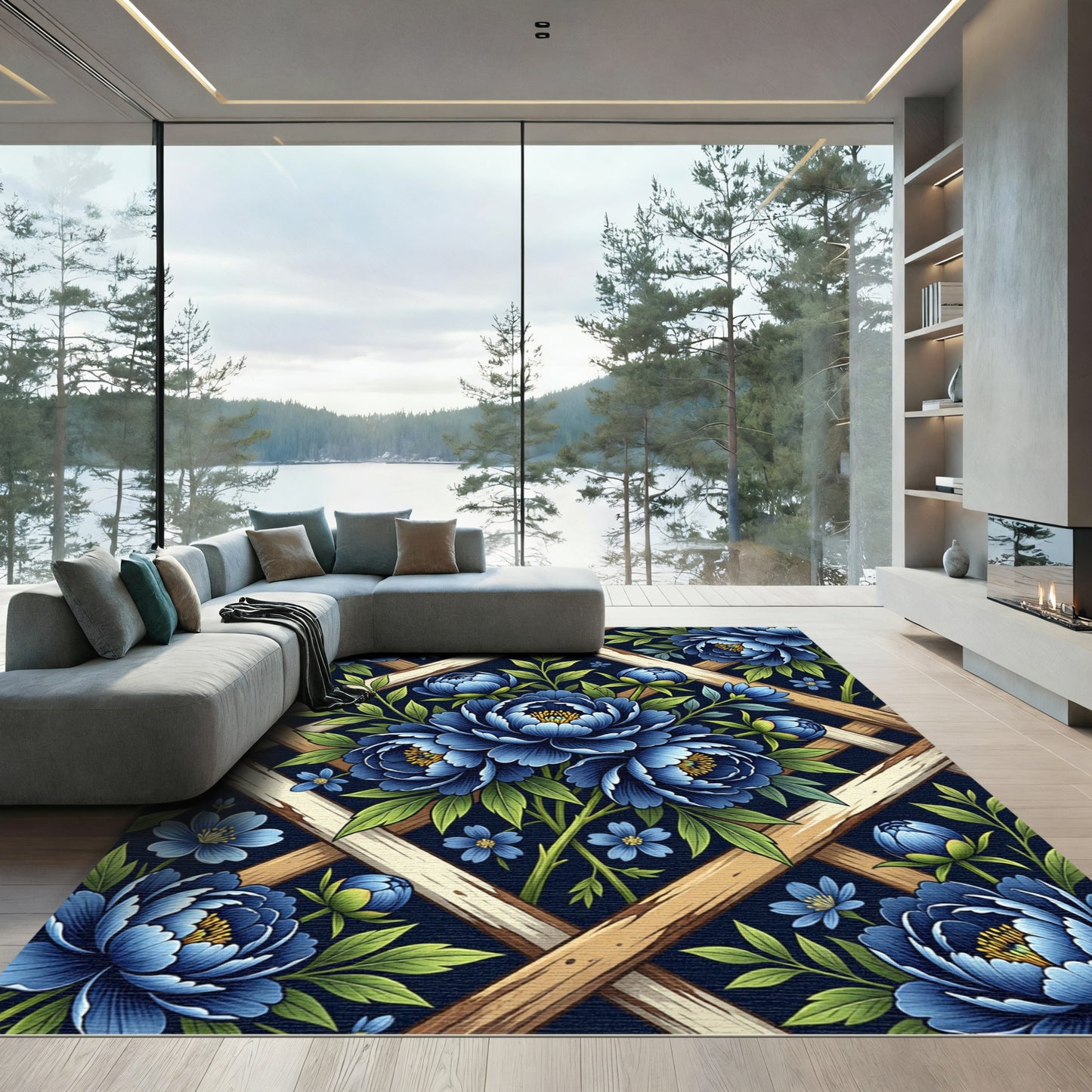 Deep Blue Floral Lattice Garden Rug