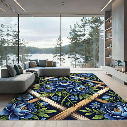 Deep Blue Floral Lattice Garden Rug