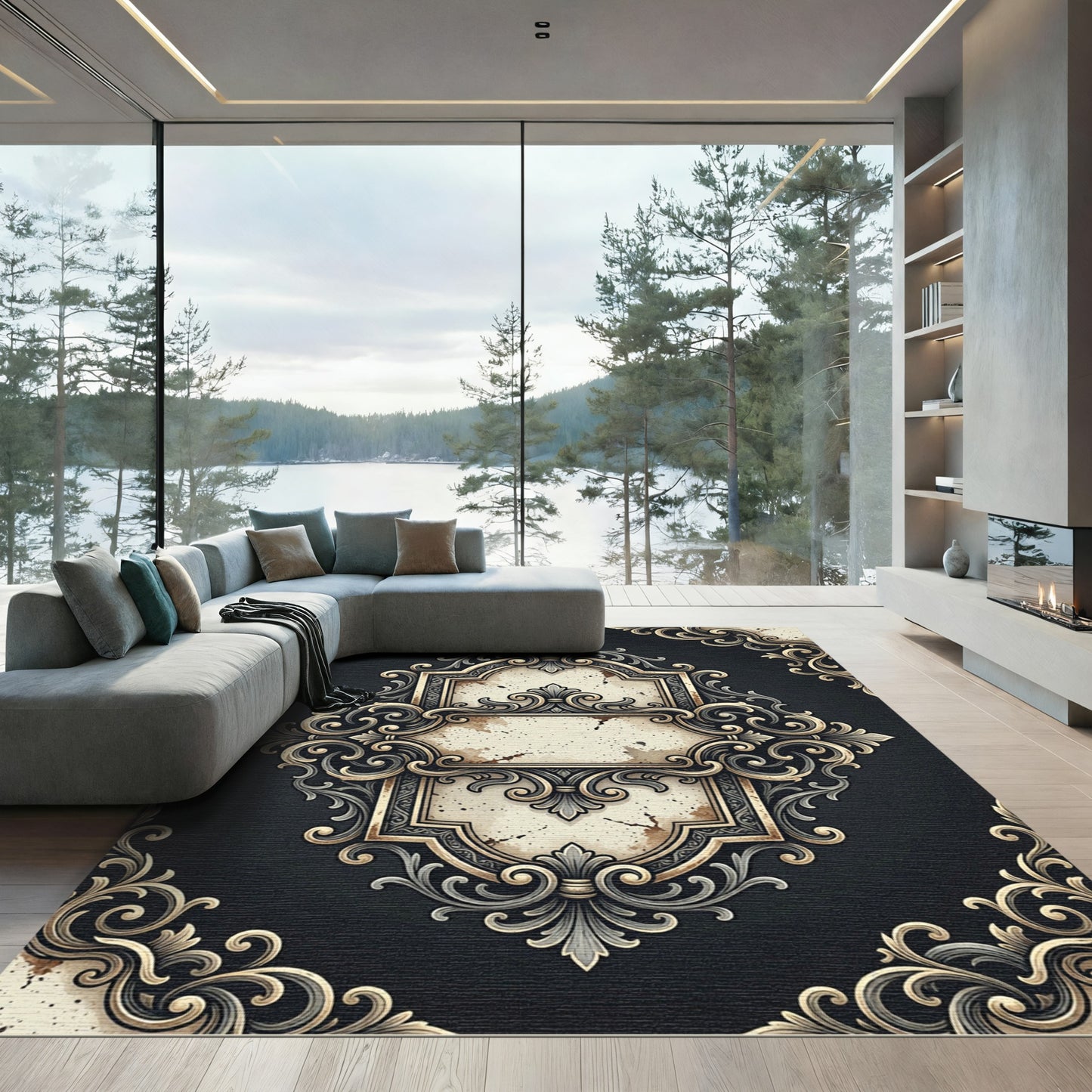 Ornate Black and Gold Scroll Medallion Rug
