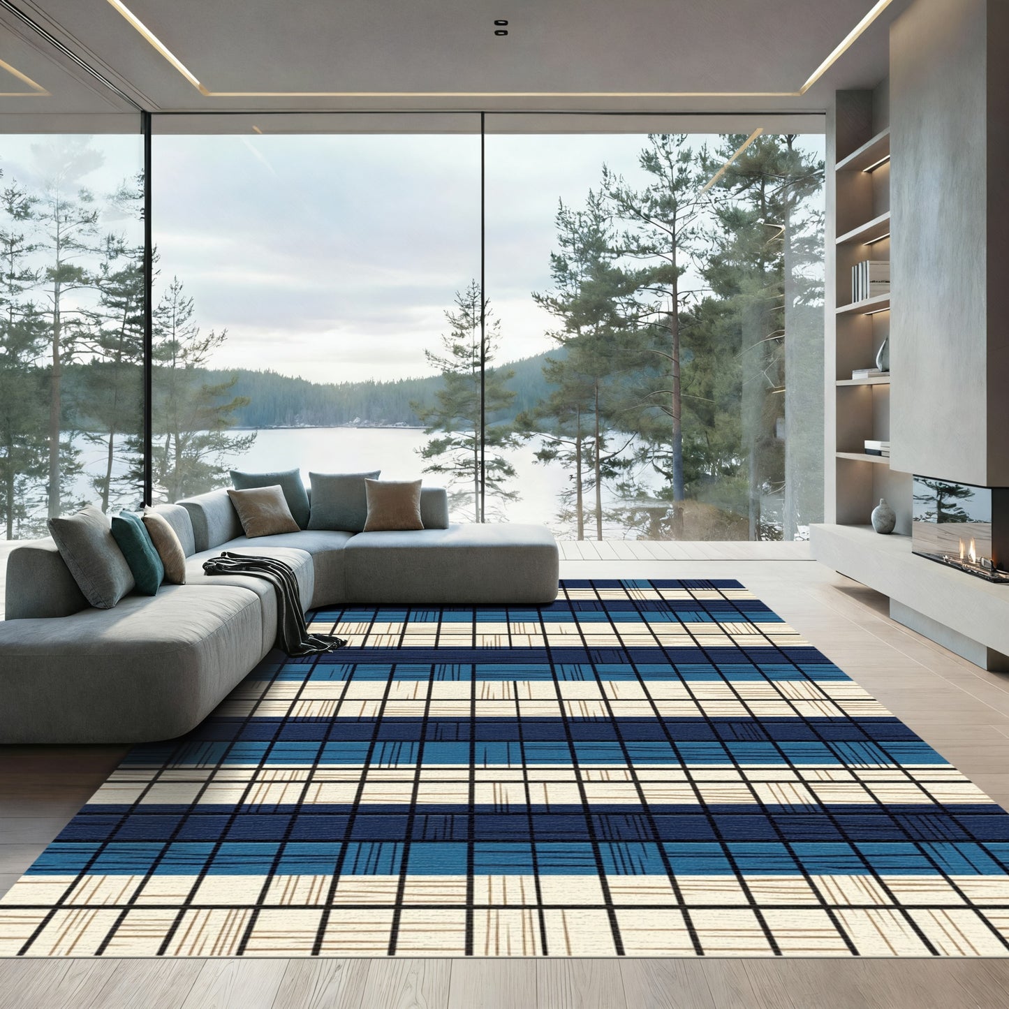 Navy and Cream Plaid Grid Woven Rug