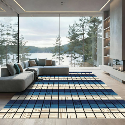Navy and Cream Plaid Grid Woven Rug