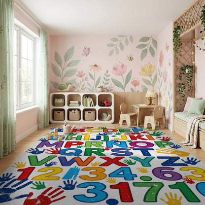 Colorful Alphabet Numbers Handprints Rug