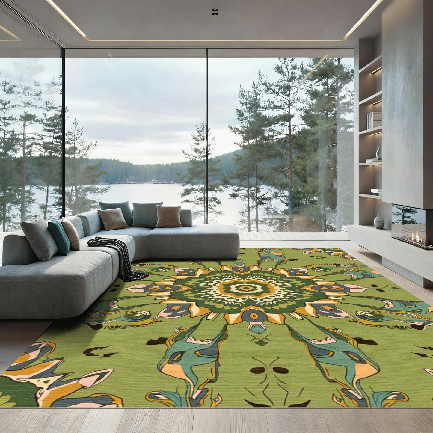 Olive Green Abstract Floral Mandala Rug