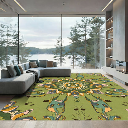 Olive Green Abstract Floral Mandala Rug