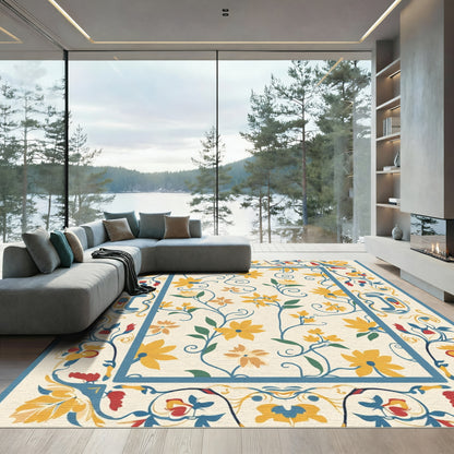 Golden Yellow Floral Botanical Border Accents Rug