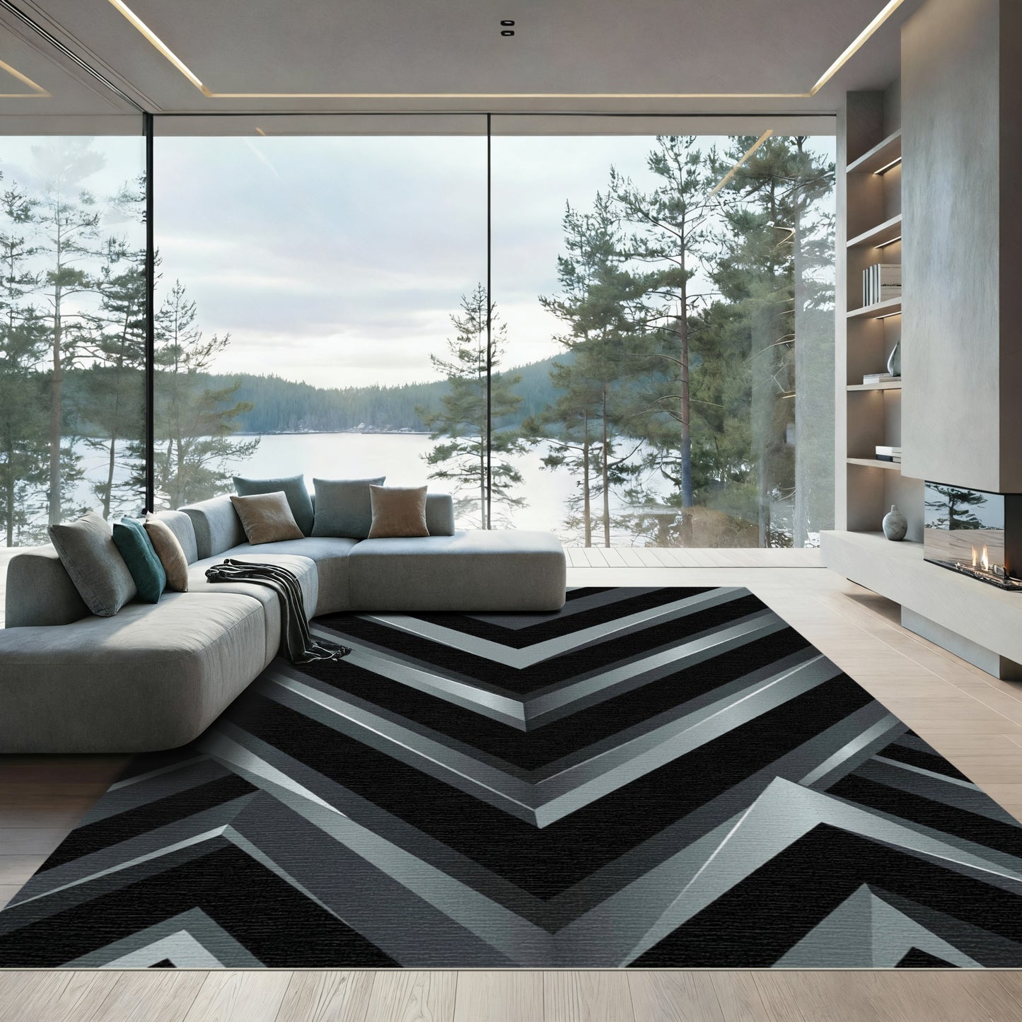 Monochromatic Chevron Geometric Overlay Rug