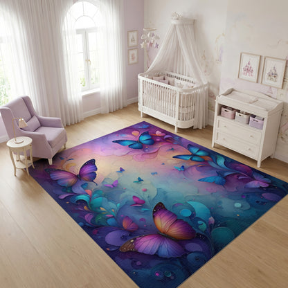 Whimsical Multicolor Butterfly Floral Swirl Rug