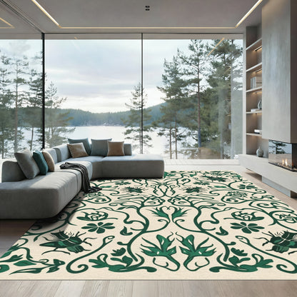 Dark Green Beetle Floral Scroll Rug