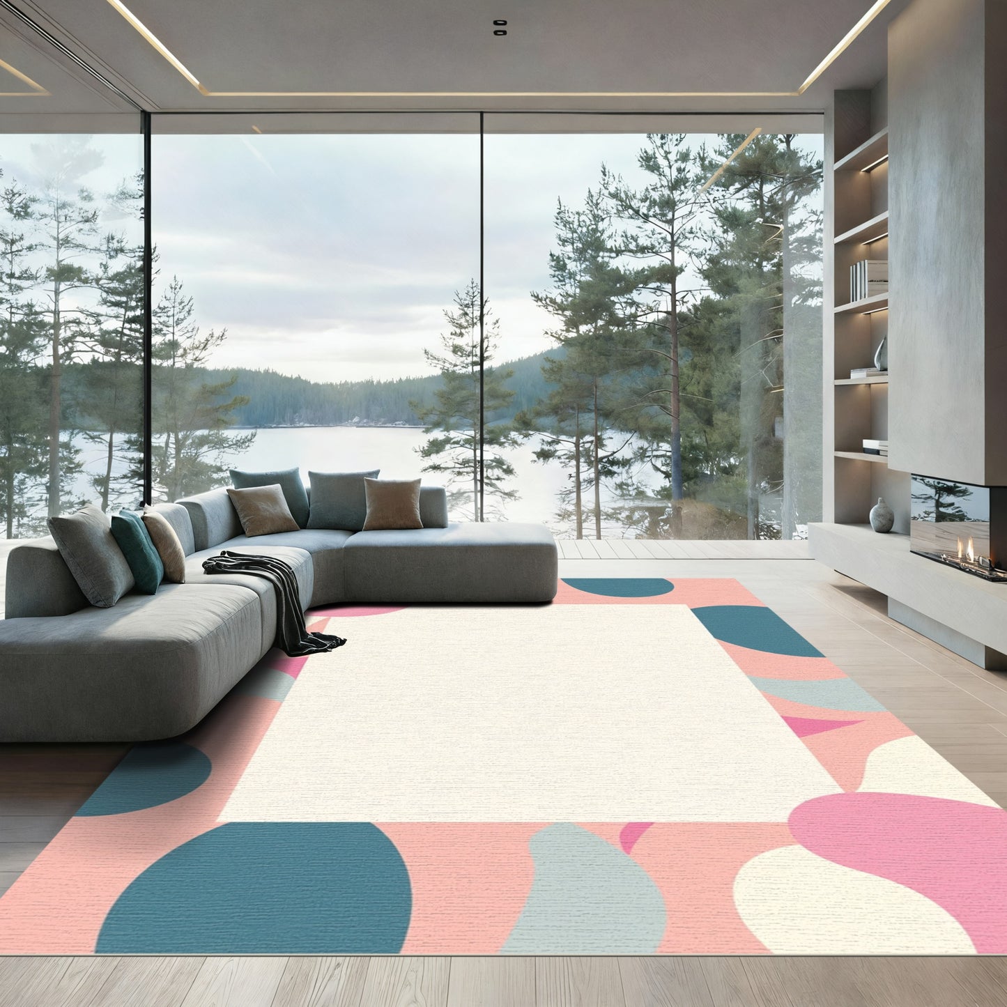 Soft Pink Blue Abstract Organic Shapes Rug