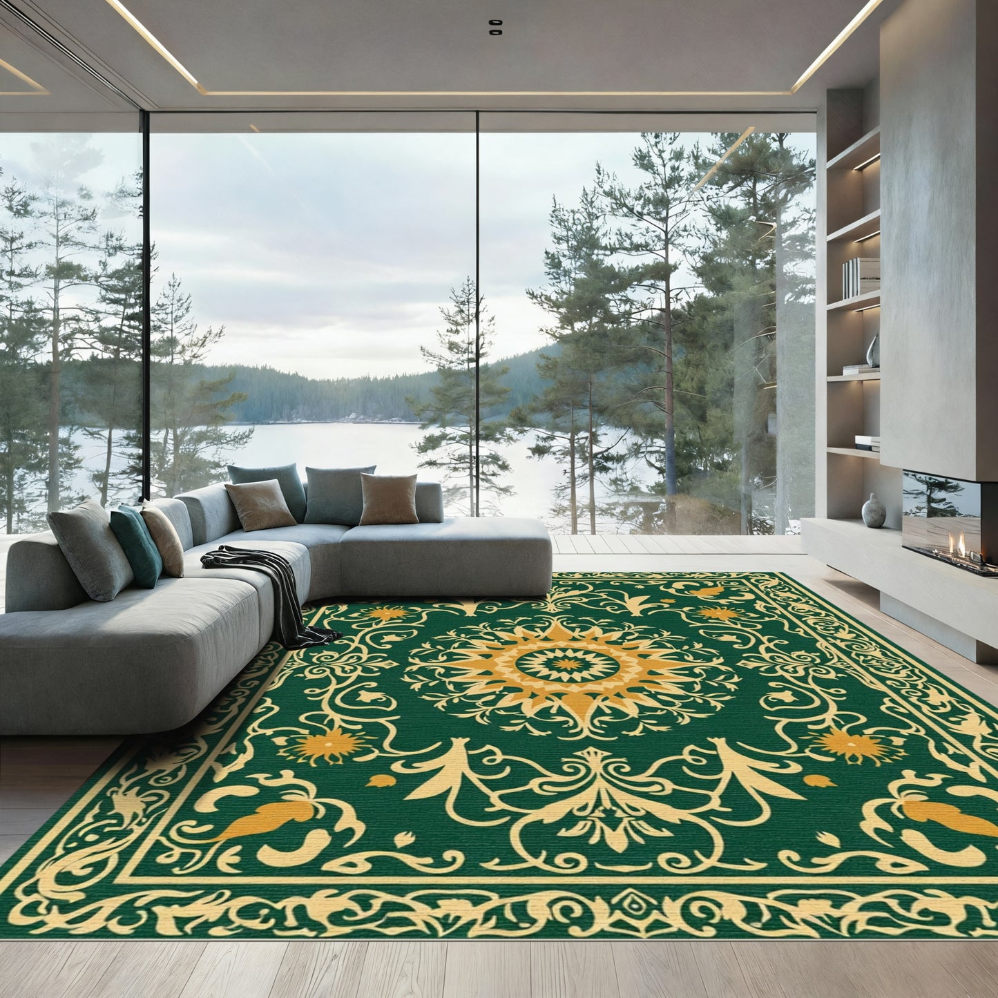 Emerald Golden Sunburst Bloom Ornament Rug