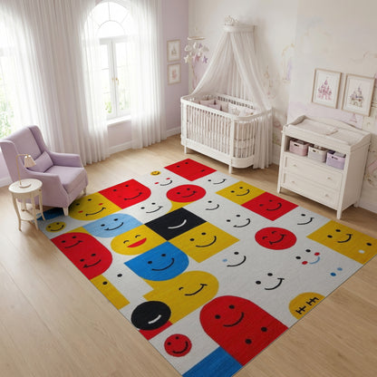 Playful Geometric Smiling Faces Rug