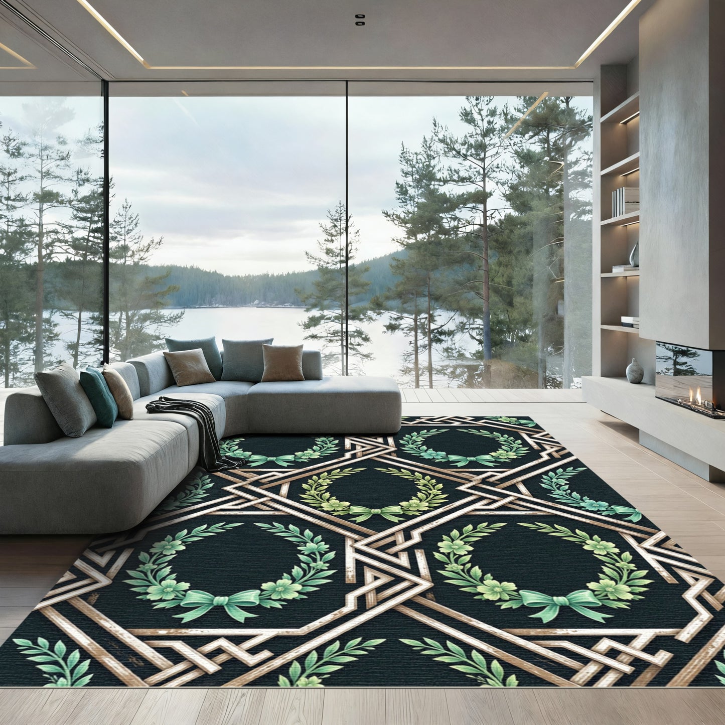 Geometric Sage Floral Wreath Interlock Rug
