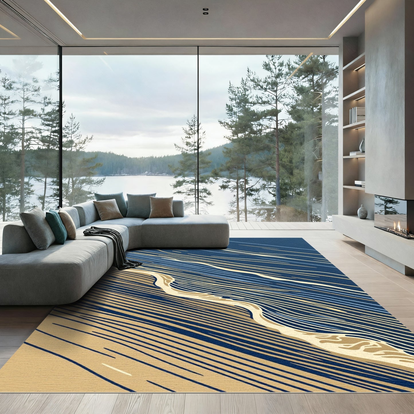 Abstract Navy and Tan Flowing Wave Rug