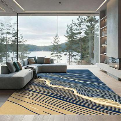 Abstract Navy and Tan Flowing Wave Rug