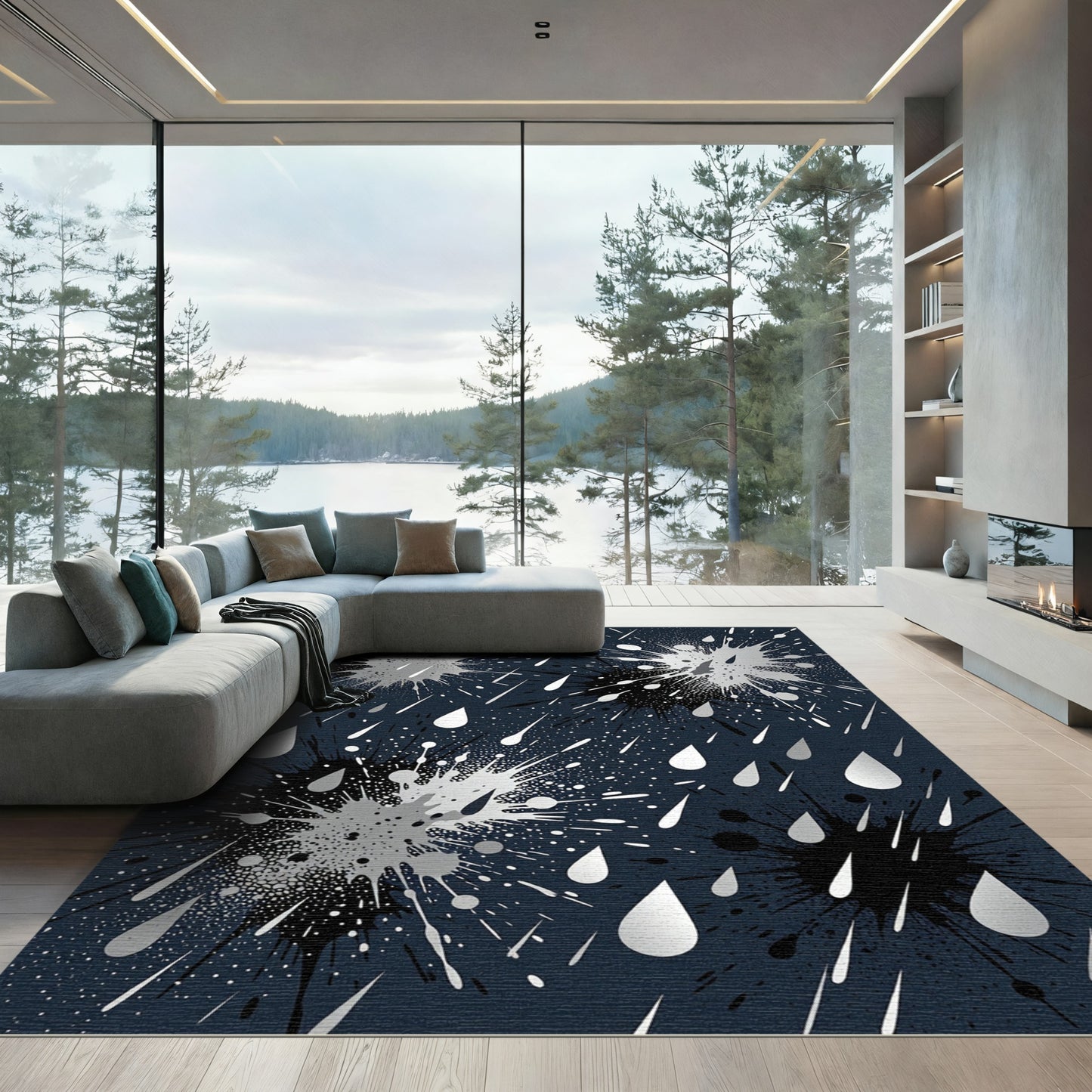 Silver Ink Splatter Abstract Rain Rug